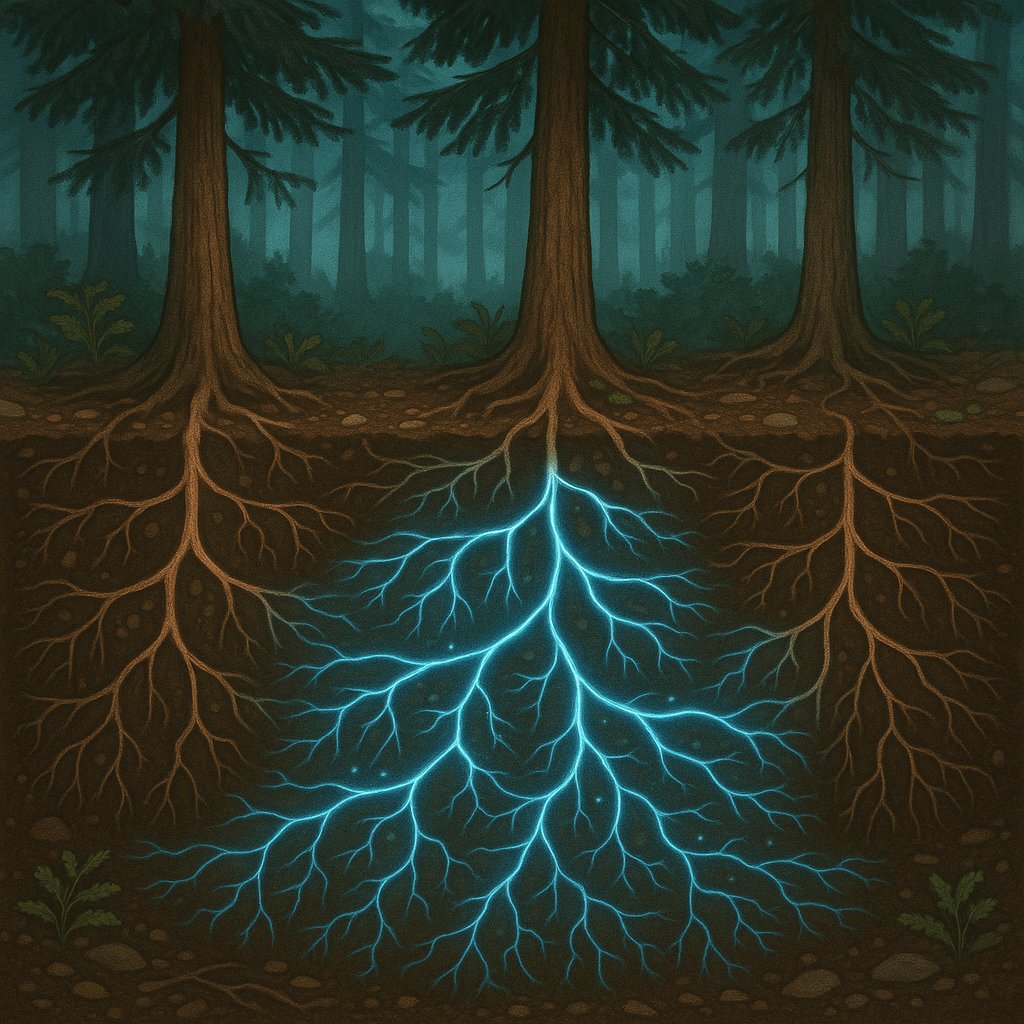 Illustration of a mycorrhizal fungal network with glowing hyphae threads connecting multiple plant root systems beneath a forest floor