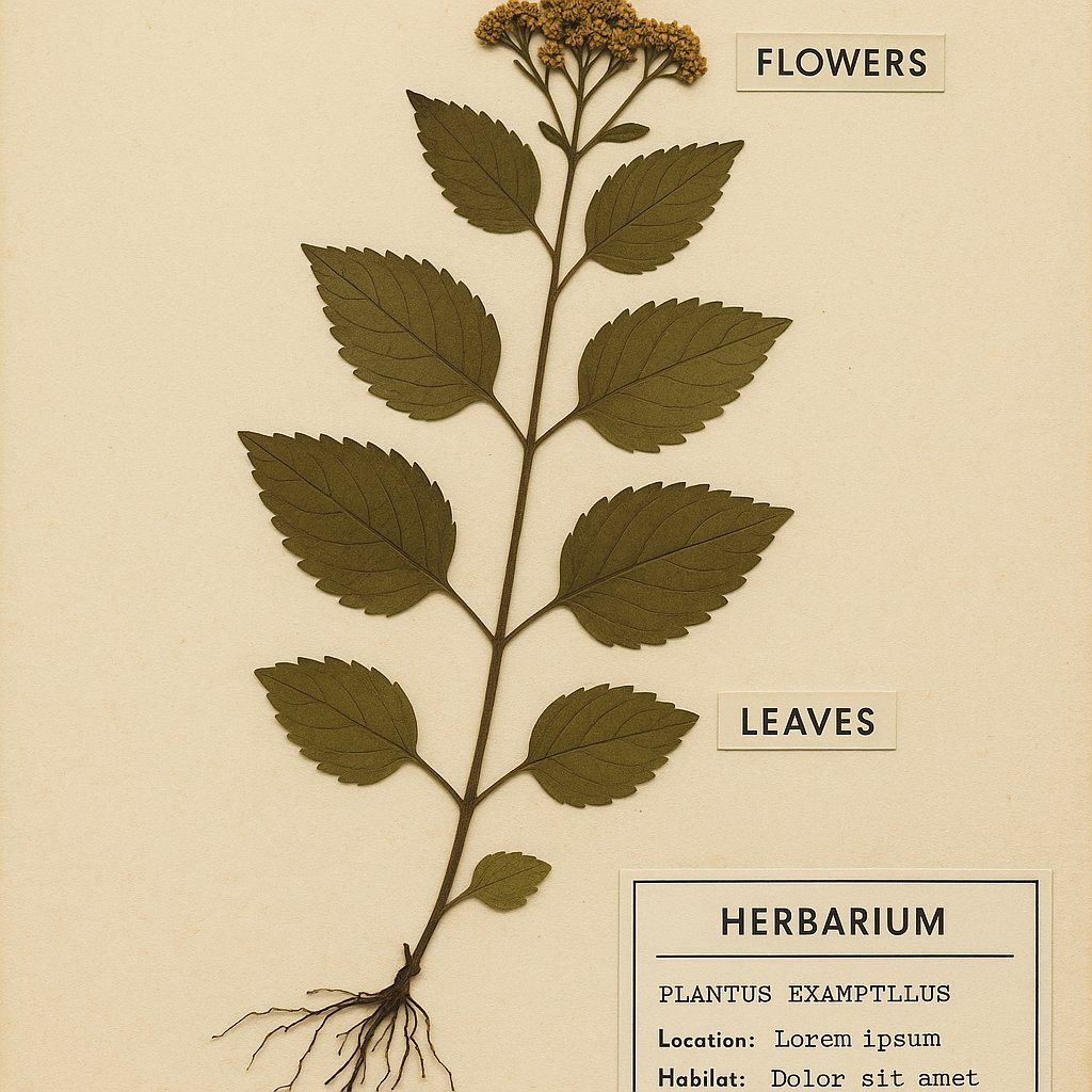 Herbarium sheet showing a complete plant specimen with labeled roots, leaves, flowers, and a data label in the lower right corner