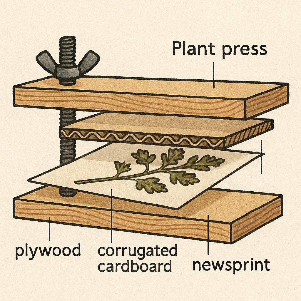 Cross-section diagram of a plant press showing layered plywood, corrugated cardboard, and newsprint with a pressed plant specimen