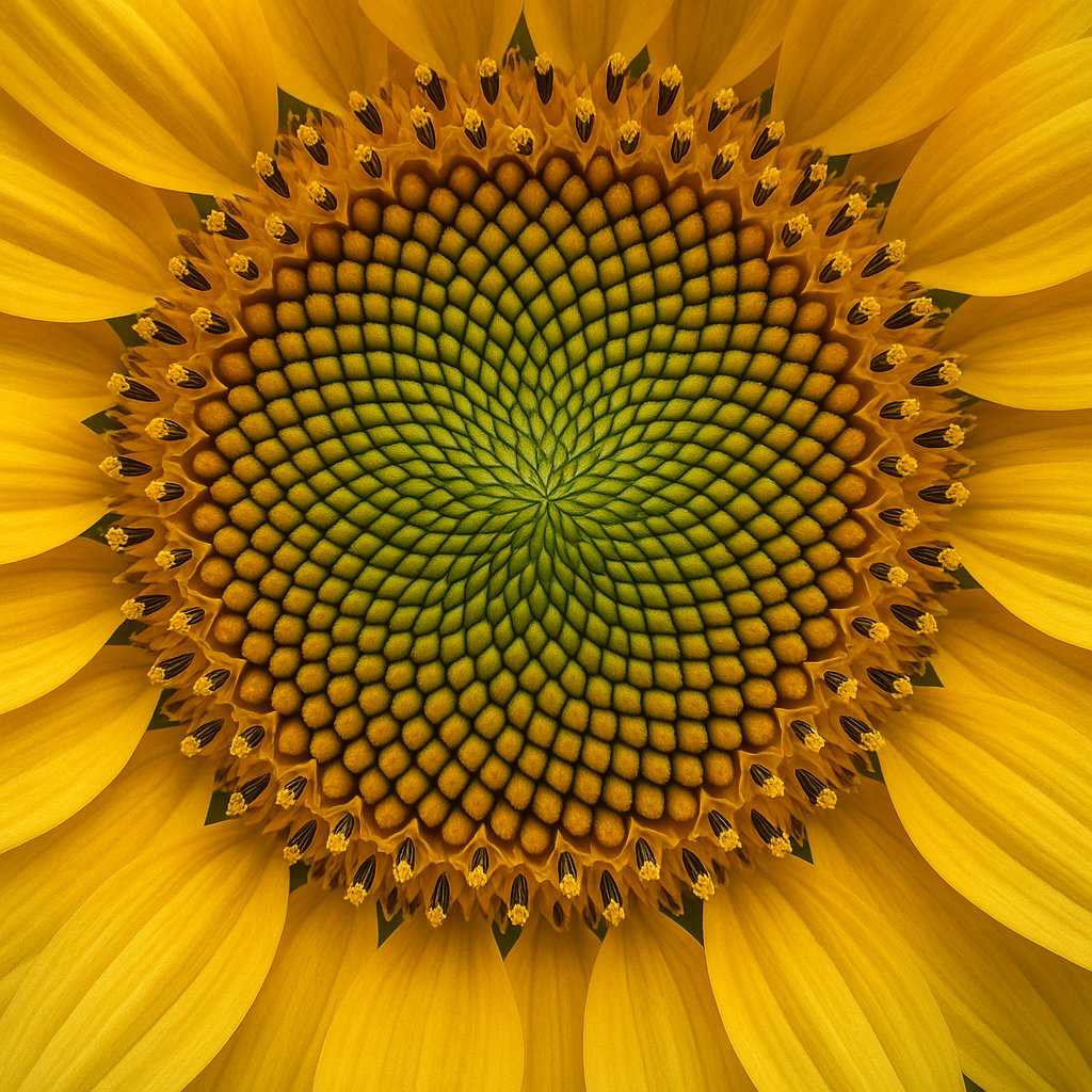 close-up of sunflower center showing Fibonacci spiral pattern in florets