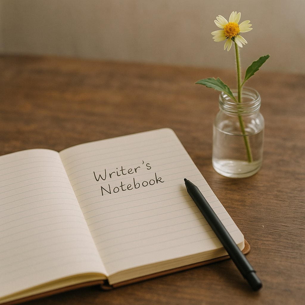 writer's notebook open on a table beside a single wildflower in a glass jar