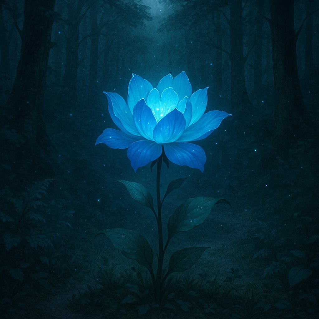 Romantische Illustration einer leuchtend blauen Blume in mystischer Waldlandschaft