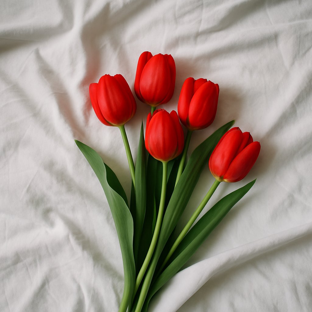 Rote Tulpen auf weißem Krankenhauslaken als Kontrast