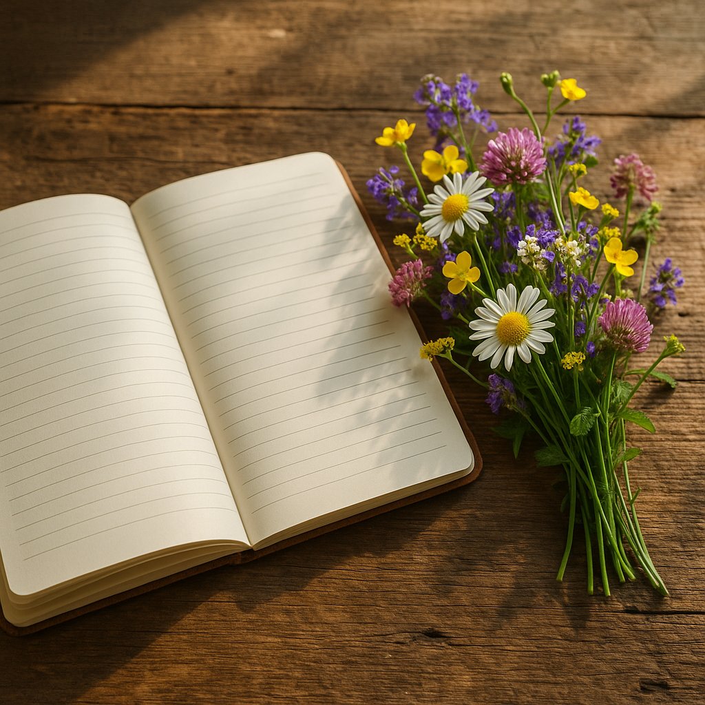 Carnet d'écriture ouvert posé à côté d'un bouquet de fleurs sauvages sur une table en bois rustique, lumière naturelle du matin