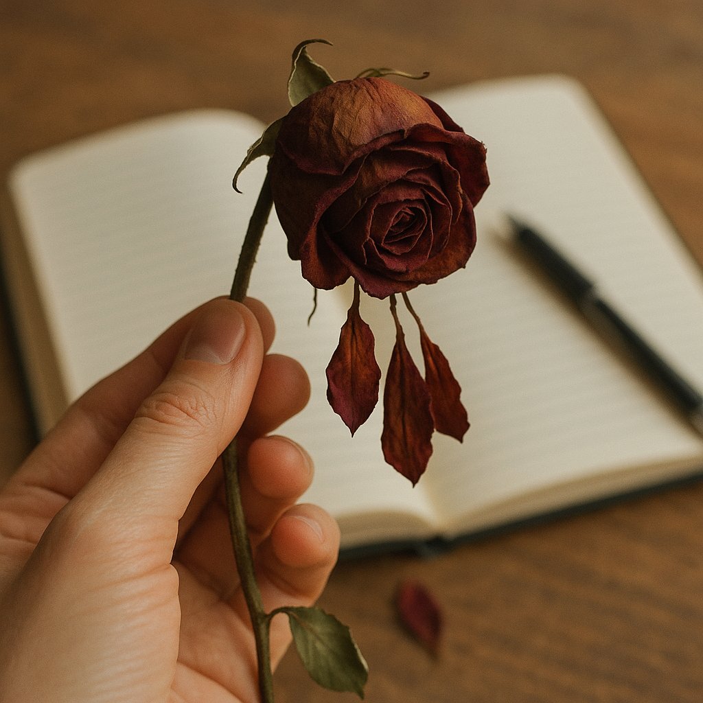 Main tenant une rose fanée aux pétales tombants avec un cahier ouvert et un stylo flou en arrière-plan