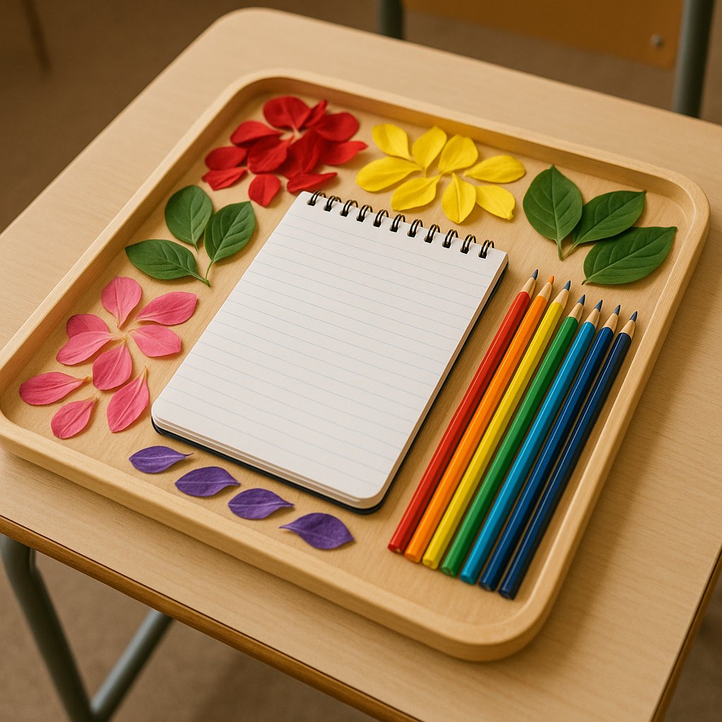 Plateau sensoriel d'écriture avec pétales colorés, feuilles fraîches et crayons disposés autour d'un carnet ouvert sur un bureau d'école