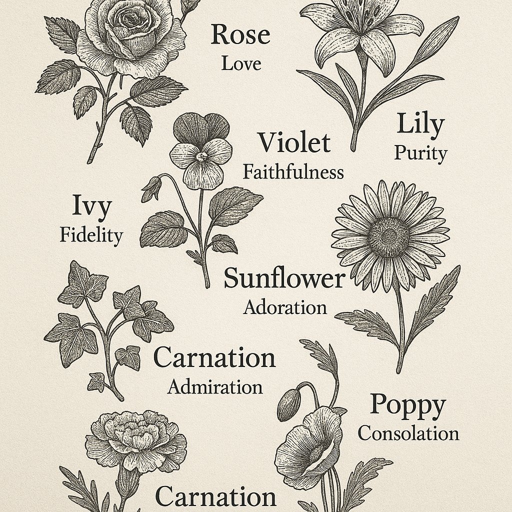 Pagina illustrata di un dizionario floreale vittoriano con incisioni di fiori e relativi significati simbolici