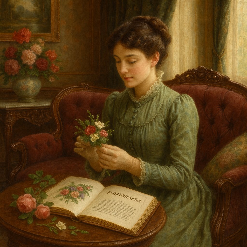 Salotto vittoriano con donna che compone un mazzolino tussy-mussy accanto a un libro di floriografia aperto