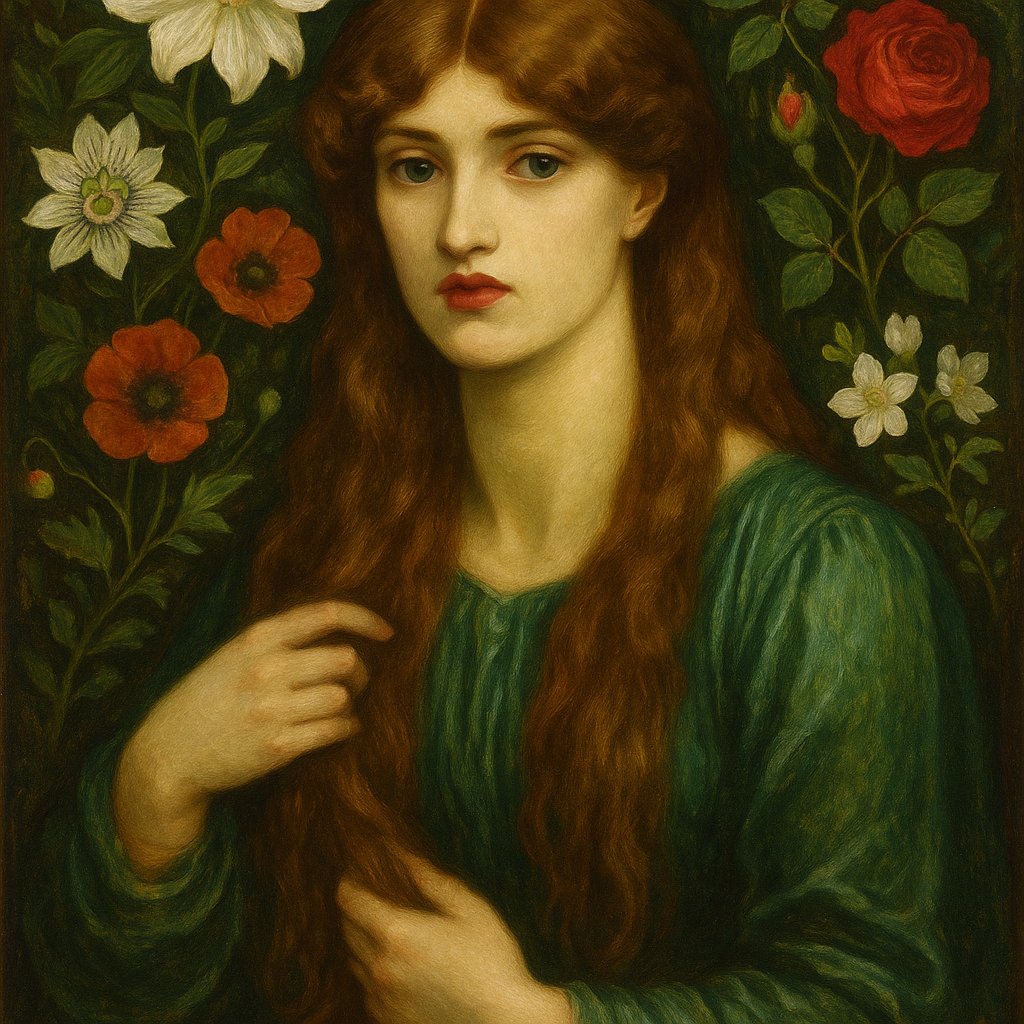 Dipinto pre-raffaellita con donna dai capelli lunghi circondata da fiori simbolici in stile Dante Gabriel Rossetti