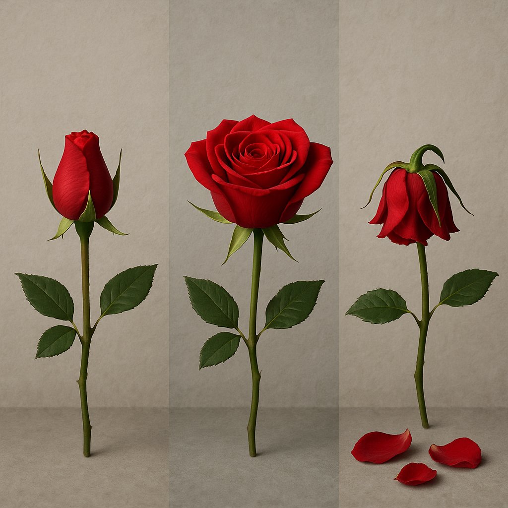 secuencia de tres etapas de una rosa, desde capullo cerrado hasta pétalos cayendo
