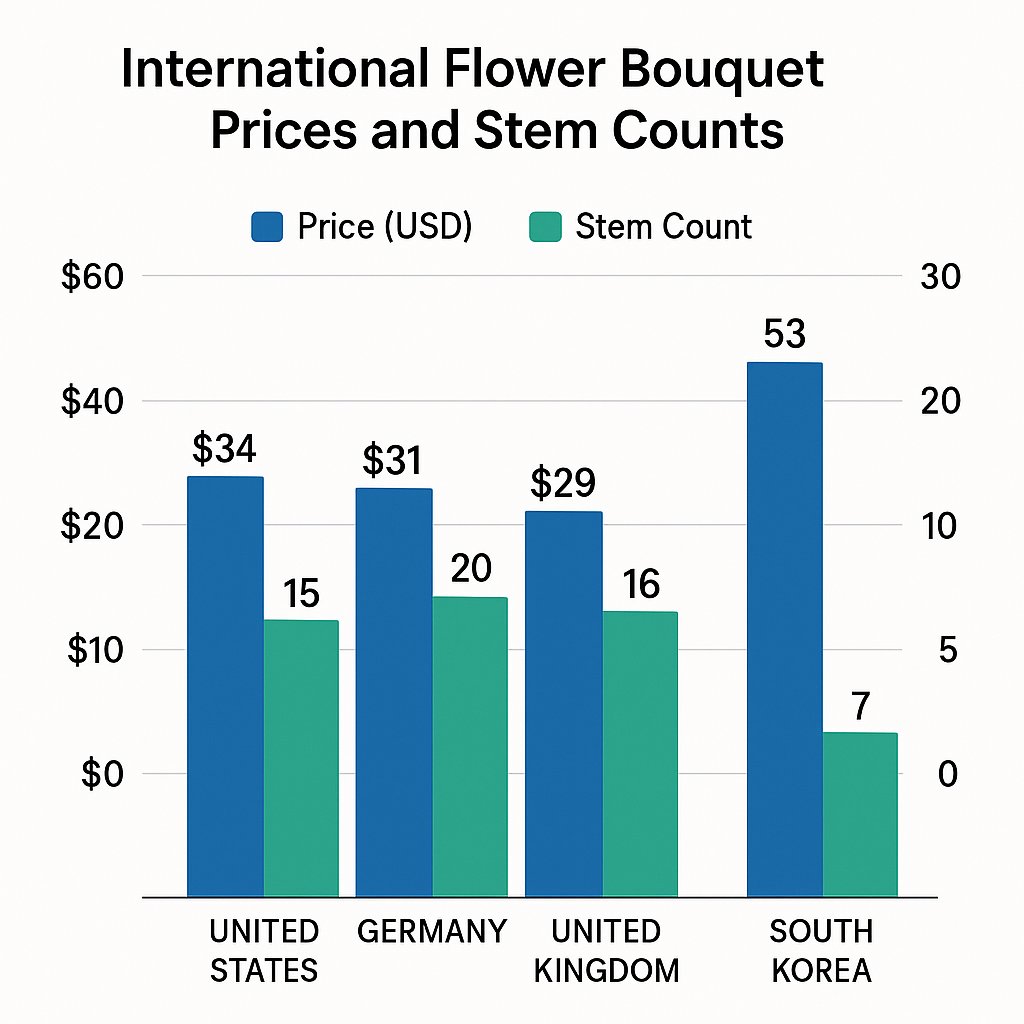comparison of international flower bouquet prices and stem counts