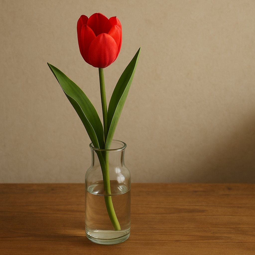 single red tulip in a simple glass vase on a wooden table