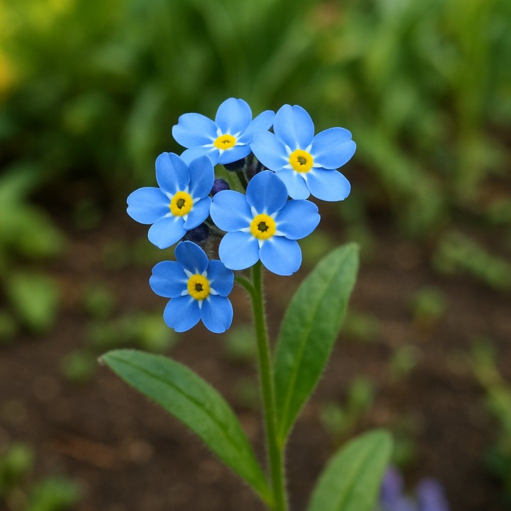 small bunch of blue forget-me-nots with yellow centers in a garden