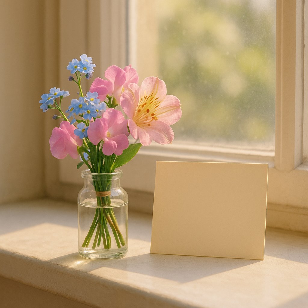 small bouquet of forget-me-nots and sweet peas on a windowsill with a blank card
