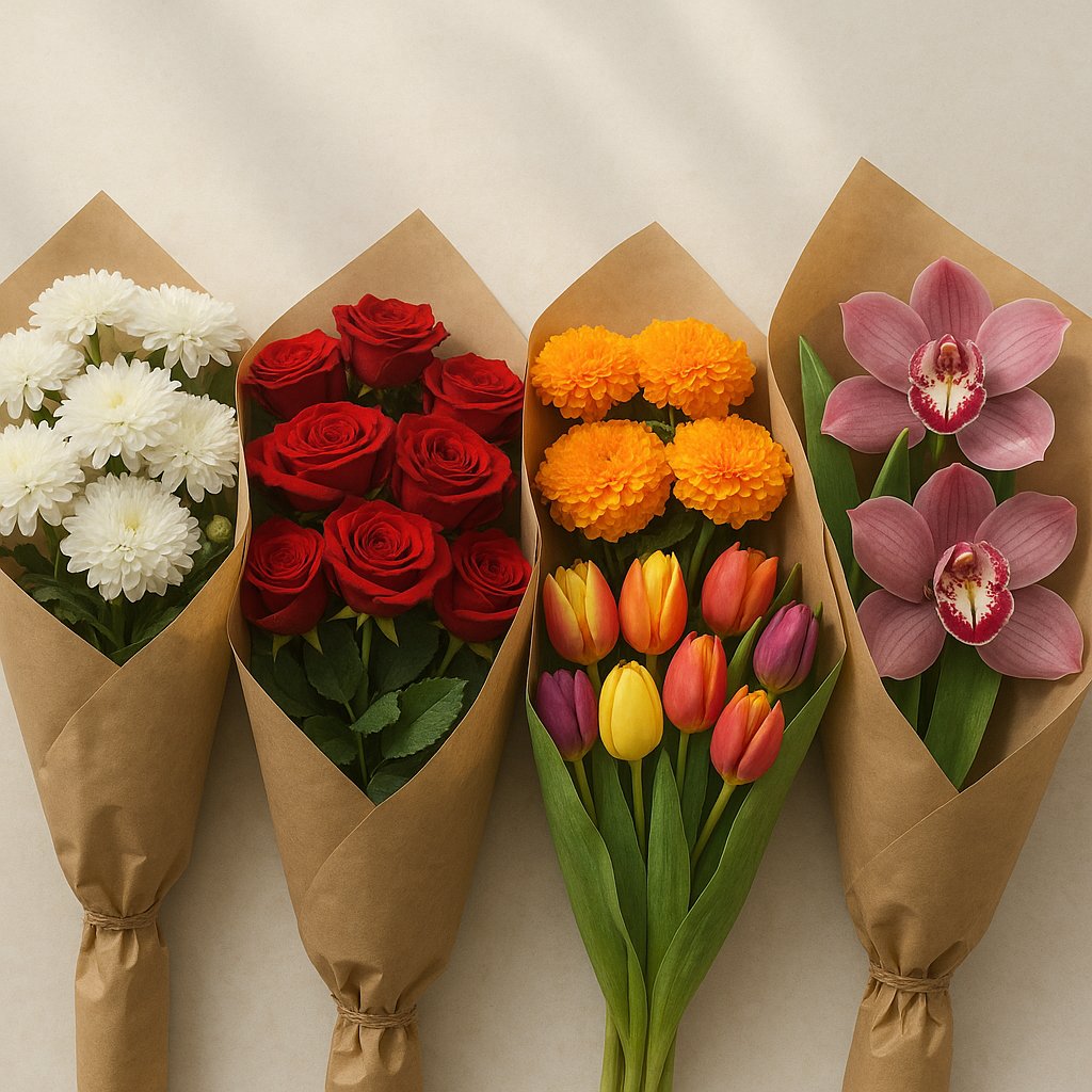 different bouquets side by side: white chrysanthemums, red roses, marigolds, tulips and orchids