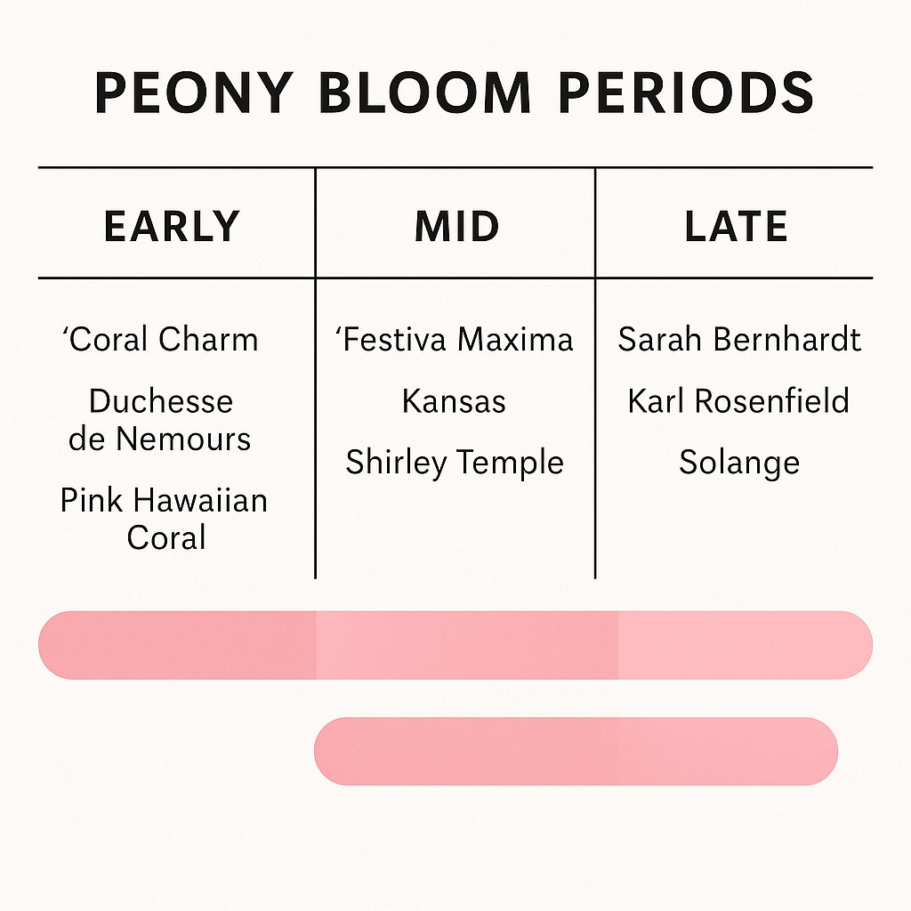 timeline chart of early, mid, and late peony bloom periods with varieties