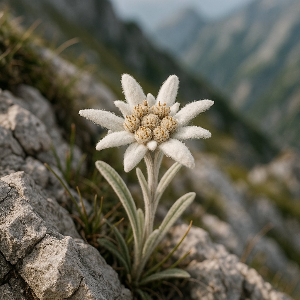 Edelweiß mit filzigen weißen Hochblättern auf Kalkfelsen in den Alpen