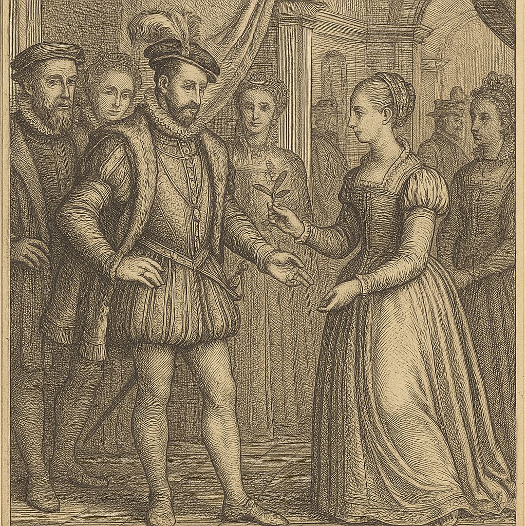 Charles IX recevant un brin de muguet à la cour, gravure Renaissance