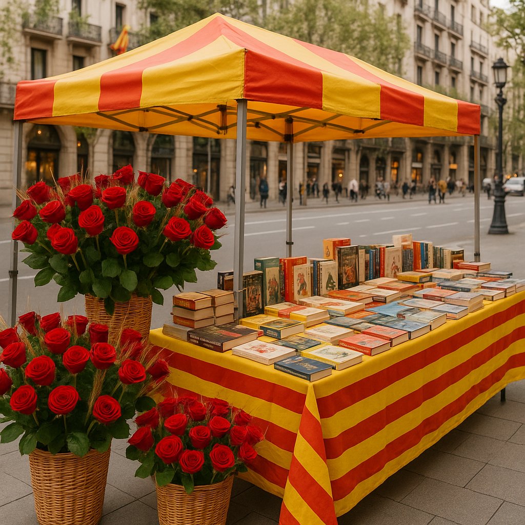 puesto callejero en Barcelona con rosas rojas y libros en Sant Jordi