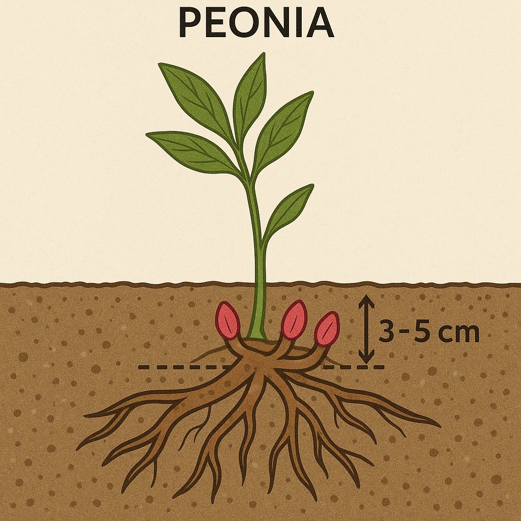 schema in sezione della profondità corretta di impianto della peonia con gemme a 3-5 cm
